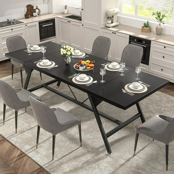 Homieasy Farmhouse Dining Table for 4-6 People, 70.8-Inch Rectangular Wood Dining Table, Modern Industrial Large Kitchen Table with Heavy Duty Metal Legs for Dining Room, Black
