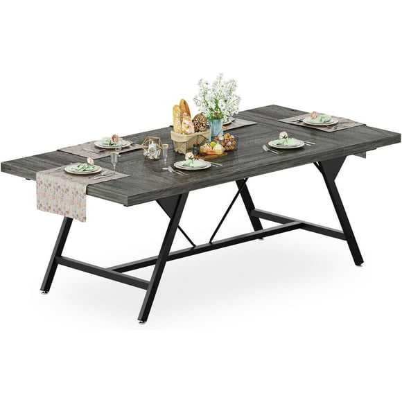 Homieasy Farmhouse Dining Table for 4-6 People, 70.8-Inch Rectangular Wood Dining Table, Modern Industrial Large Kitchen Table with Heavy Duty Metal Legs for Dining Room, Black Oak