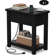 Homieasy Farmhouse Narrow End Table with Built-in Charging Station   USB Ports & AC Outlets, Drawer & Open Shelf, Slim Side Table for Bedroom, Living Room, Small Spaces,Black