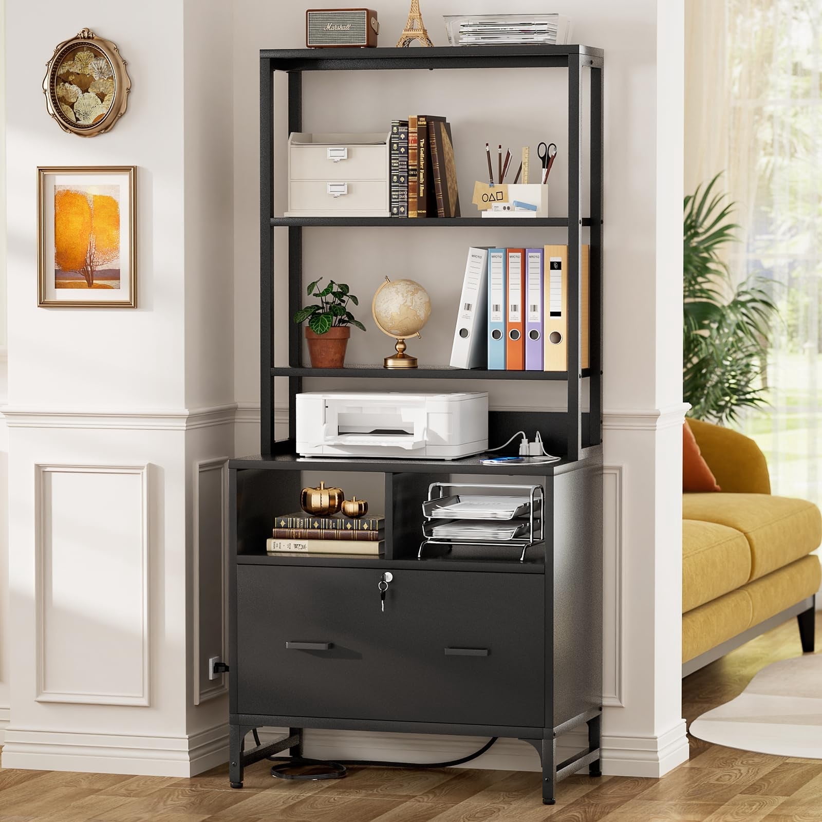 Homieasy File Cabinet with Charging Station, Lockable Vertical Filing Cabinet, Printer Stand with Large Drawer and Storage Shelves, Office Storage for Letter/A4/Legal Size, Black