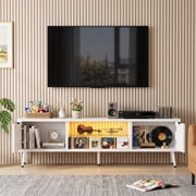 Homieasy Fluted 55'' TV Stand for TVs Up to 60'', Modern Entertainment Center with Charging Station, LED Lights & Cabinets for Living Room, White
