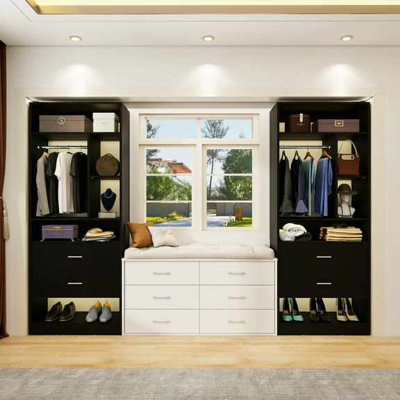 Homieasy Freestanding 24" Closet System with 2 Wood Drawers, 2FT Small Closet Organizer System with 6 Shelves & Hanging Rod, Walk-in Closet Systems for Small Closets, Black