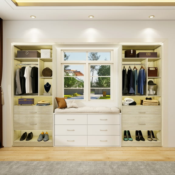 Homieasy Freestanding 24" Closet System with 2 Wood Drawers, 2FT Small Closet Organizer System with 6 Shelves & Hanging Rod, Walk-in Closet Systems for Small Closets, White Oak