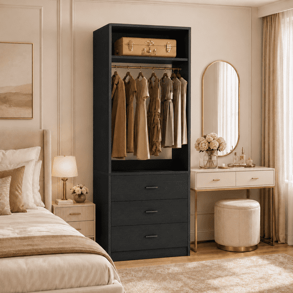 Homieasy Freestanding 2FT Closet System with 3 Wood Drawers, 24" Closet Organizer System with Hanging Rod & Shelves, Walk-in Closet Systems for Small Closets, Black