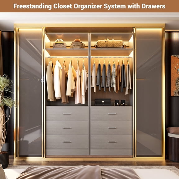 Homieasy Freestanding 2FT Closet System with 3 Wood Drawers, 24" Closet Organizer System with Hanging Rod & Shelves, Walk-in Closet Systems for Small Closets, Gary