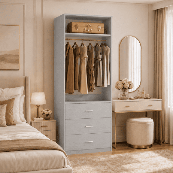 Homieasy Freestanding 2FT Closet System with 3 Wood Drawers, 24" Closet Organizer System with Hanging Rod & Shelves, Walk-in Closet Systems for Small Closets, Gary