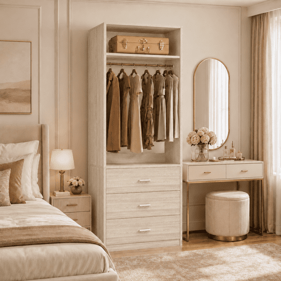 Homieasy Freestanding 2FT Closet System with 3 Wood Drawers, 24" Closet Organizer System with Hanging Rod & Shelves, Walk-in Closet Systems for Small Closets, White Oak
