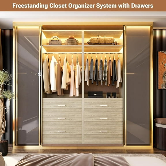 Homieasy Freestanding 2FT Closet System with 3 Wood Drawers, 24" Closet Organizer System with Hanging Rod & Shelves, Walk-in Closet Systems for Small Closets, White Oak