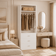 Homieasy Freestanding 2FT Closet System with 3 Wood Drawers, 24" Closet Organizer System with Hanging Rod & Shelves, Walk-in Closet Systems for Small Closets, White