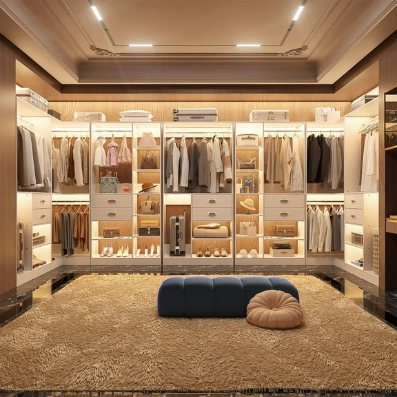 Homieasy Freestanding Closet System with 3 Sets, 110'' Reversible Stand-alone Wardrobe, 80'' Height Cloth Garment Organizer, Walk-in Closet with Hanging Rod, 71"L x 71"W x 80"H, White