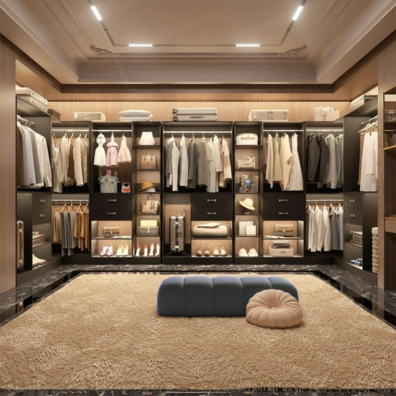 Homieasy Freestanding Closet System with 3 Sets, 110'' Reversible Stand-alone Wardrobe, 80'' Height Cloth Garment Organizer, Walk-in Closet with Hanging Rod, 71"L x 71"W x 80"H, Black