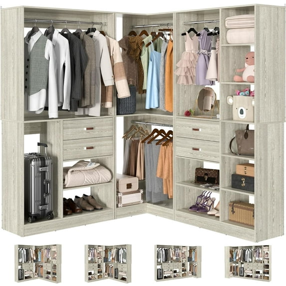 Homieasy Freestanding Closet System with Wooden Drawers, 80'' Height Cloth Garment Organizer, Walk-in Closet with Hanging Rod, White Oak