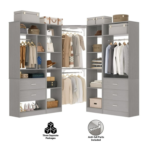 Homieasy Freestanding Closet System with 3 Sets, 87.2" Closet Organizer System with 5 Drawers & 4 Hanging Rods, Reversible L Shaped Walk-in Closets, Gray