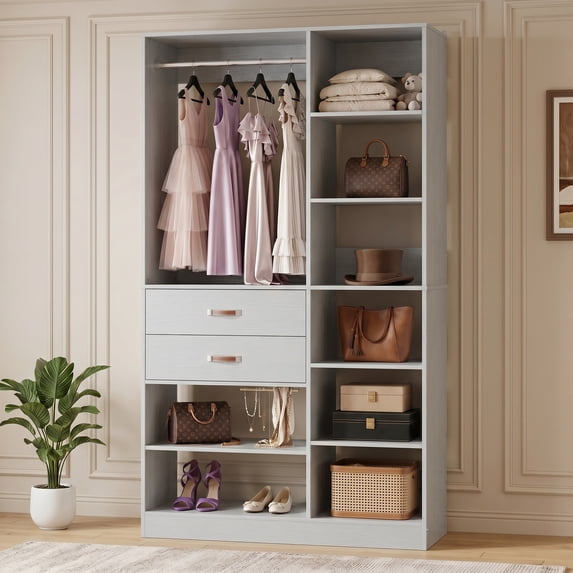 Homieasy 39.4'' W Closet System with Wooden Drawers and Hanging Rods, Grey