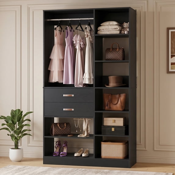 Homieasy 39.4'' W Closet System with Wooden Drawers and Hanging Rods, Black