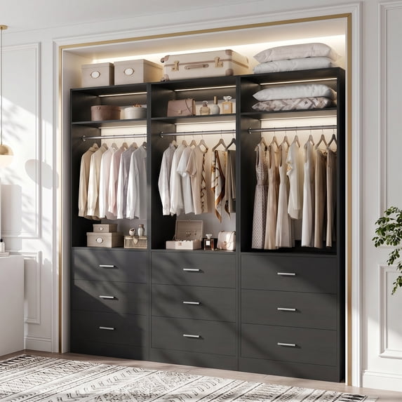 Homieasy Freestanding Closet System Set - 3-Pack with 3 Wood Drawers Each,With Hanging Rod & Shelves, 24"L x 15"W x 80"H,Black