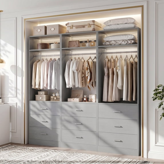 Homieasy Freestanding Closet System Set - 3-Pack with 3 Wood Drawers Each,With Hanging Rod & Shelves, 24"L x 15"W x 80"H,Gray