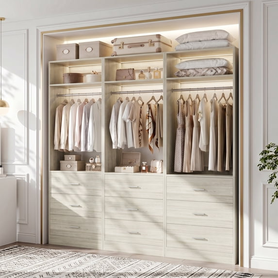 Homieasy Freestanding Closet System Set - 3-Pack with 3 Wood Drawers Each,With Hanging Rod & Shelves, 24"L x 15"W x 80"H, White Oak