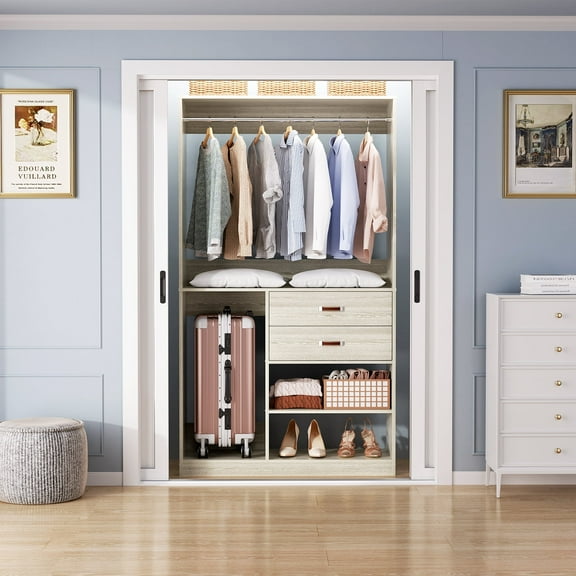 Homieasy Freestanding Closet System with Suitcase Storage, 40 Inches Stand-alone Wardrobe with 2 Wood Drawers, 80'' Height Adjustable Cloth Garment Rack, Walk-in Closet with Hanging Rod, White Oak