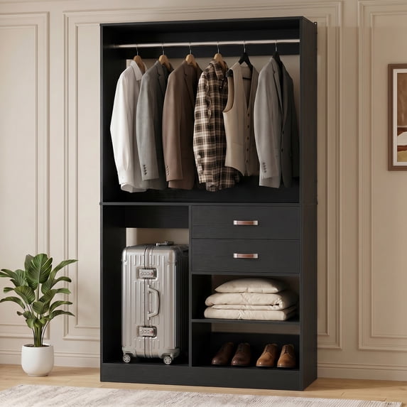 Homieasy 40'' W Closet System with Wooden Drawers and Hanging Rods, Black