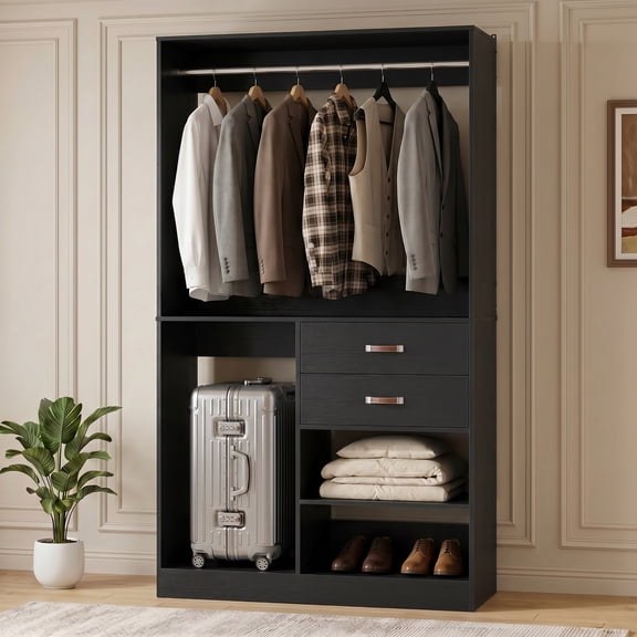 Homieasy 40'' W Closet System with Wooden Drawers and Hanging Rods, Black