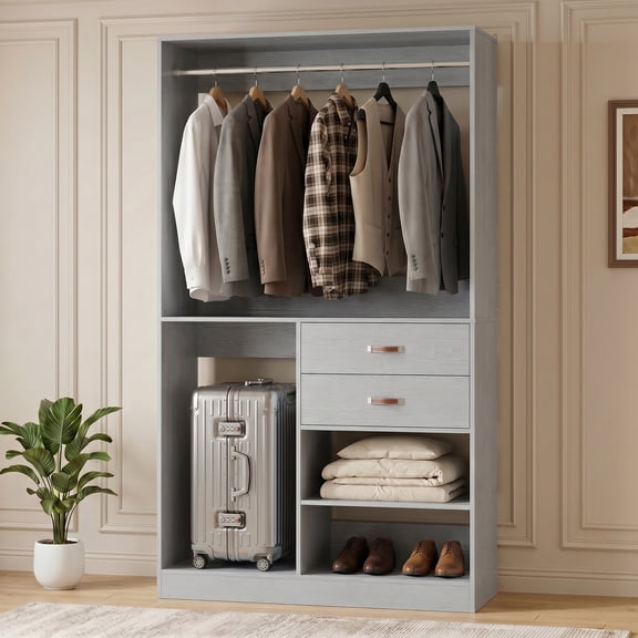 Homieasy 40'' W Closet System with Wooden Drawers and Hanging Rods, Grey