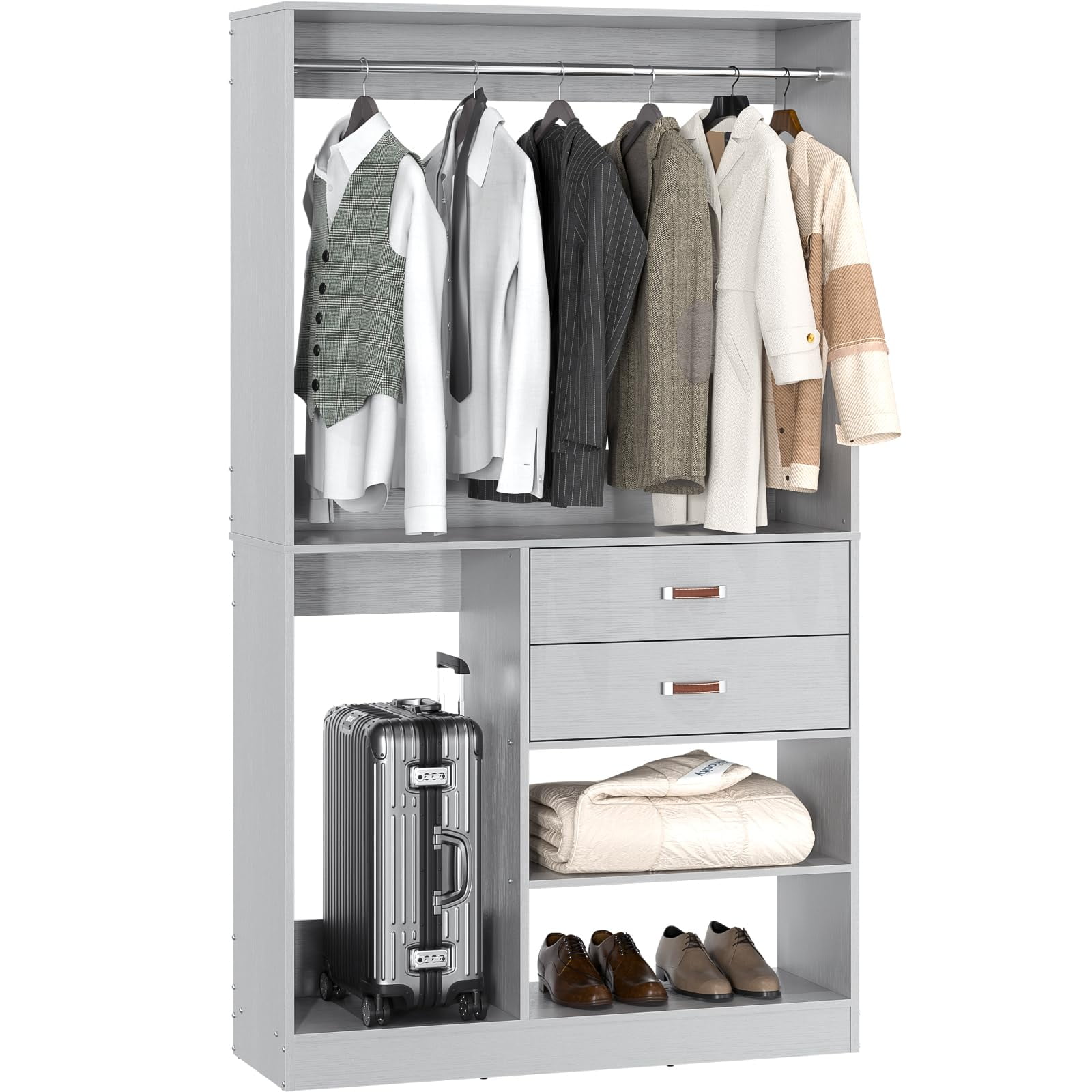 Homieasy Freestanding Closet System with Suitcase Storage, 40 Inches Stand-Alone Wardrobe with 2 Wood Drawers, 80'' Height Adjustable Cloth Garment Rack, Walk-in Closet with Hanging Rod, White Oak - Walmart.com Homieasy Freestanding Closet System with Suitcase Storage, 40 Inches Stand-Alone Wardrobe with 2 Wood Drawers, 80'' Height Adjustable Cloth Garment Rack, Walk-in Closet with Hanging Rod, White Oak - Walmart.com