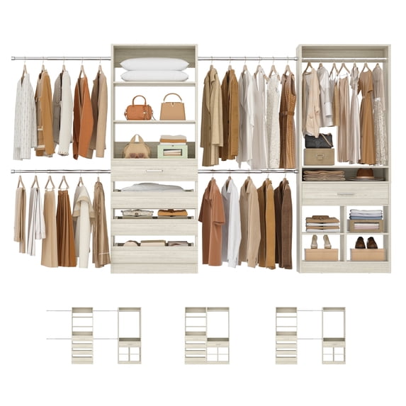 Homieasy Freestanding Wardrobe Closet sets with 5 Wooden Drawers & 4 Hanging Rods, Cubby Storage & Tower Design for Walk-in Closet Organization,White Oak