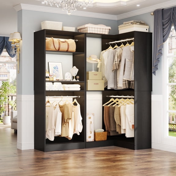 Homieasy 56.5'' x 31.5 Corner Closet Organizer and Storage System with 4 Hanging Rods and Shelves, Black