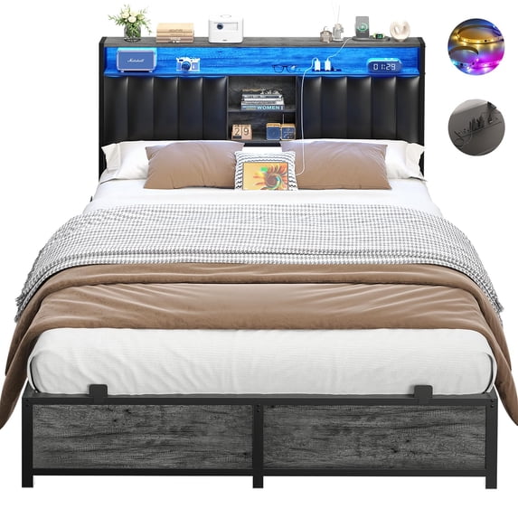Homieasy Full Bed Frame with Charging Station & Led Lights, Platform Bed with Leather Upholstered Headboard and Storage, Metal Slats Support, No Box Spring Needed, Noise-Free, Black Oak