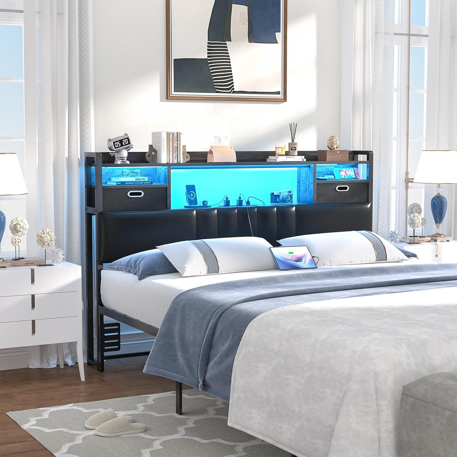 Homieasy Full Headboard with Drawer Storage and RGB LED Light, Full Size Upholstered Headboard with Charging Station and Bookcase, for Bedroom/Dorm Room/Guest Room, Black Oak