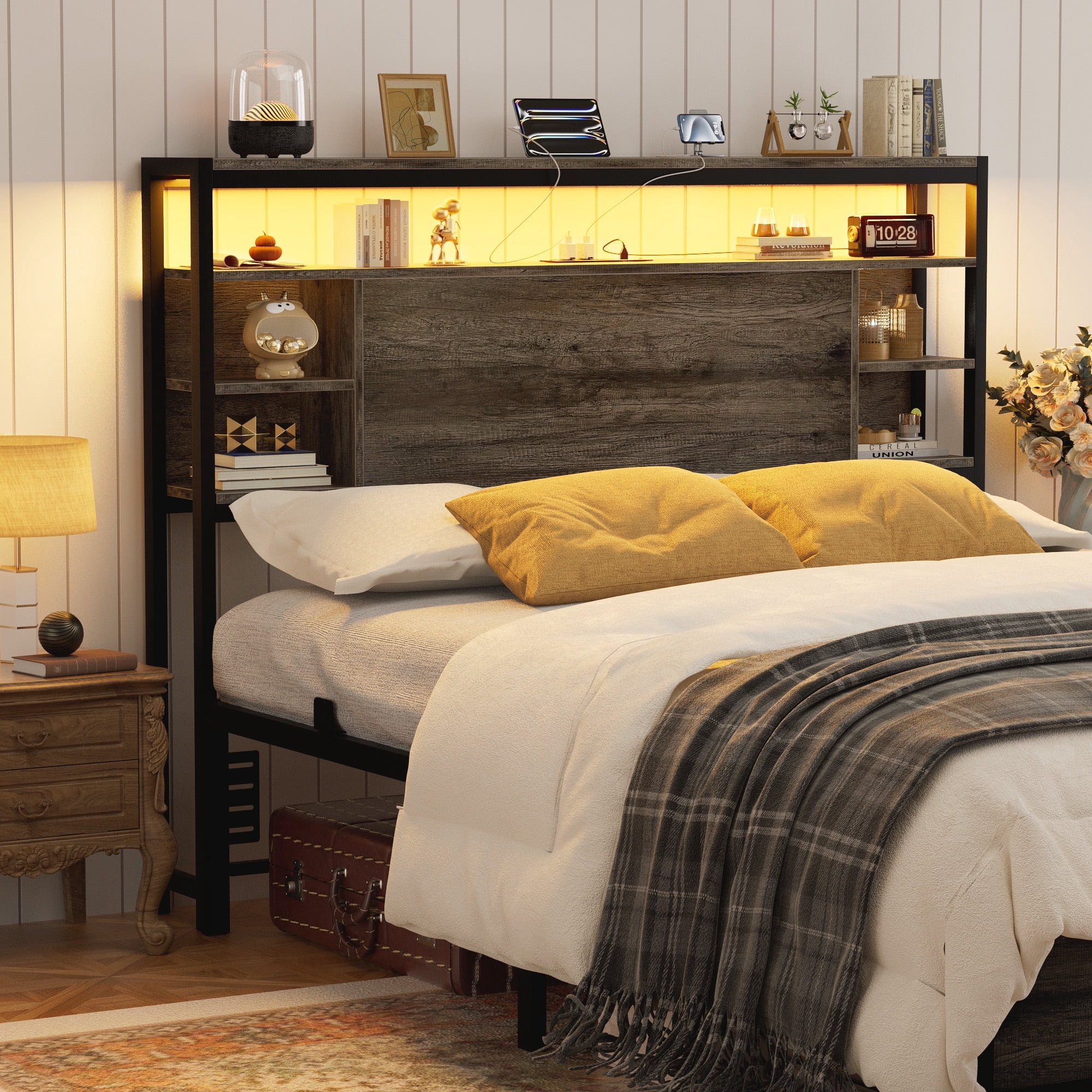 Homieasy Full Headboard with Storage, Headboards with Power Outlets and Smart LED Light, Sturdy Head Board for Full Size Bed, Black Oak