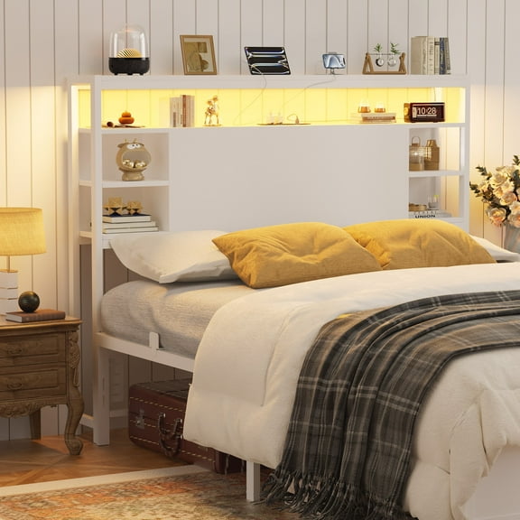 Homieasy Full Headboard with Storage, Headboards with Power Outlets and Smart LED Light, Sturdy Head Board for Full Size Bed, White