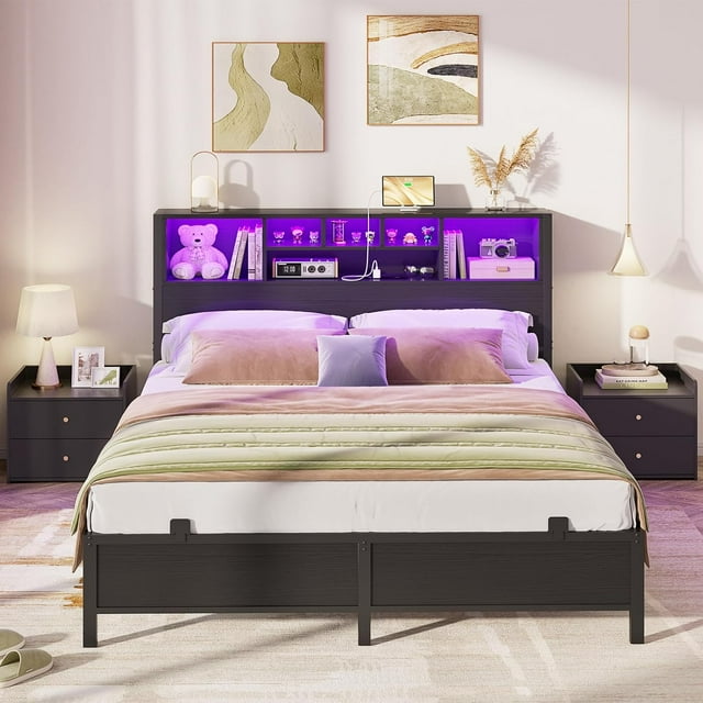 Homieasy Full Platform Bed with Bookcase Headboard and LED Light, Black