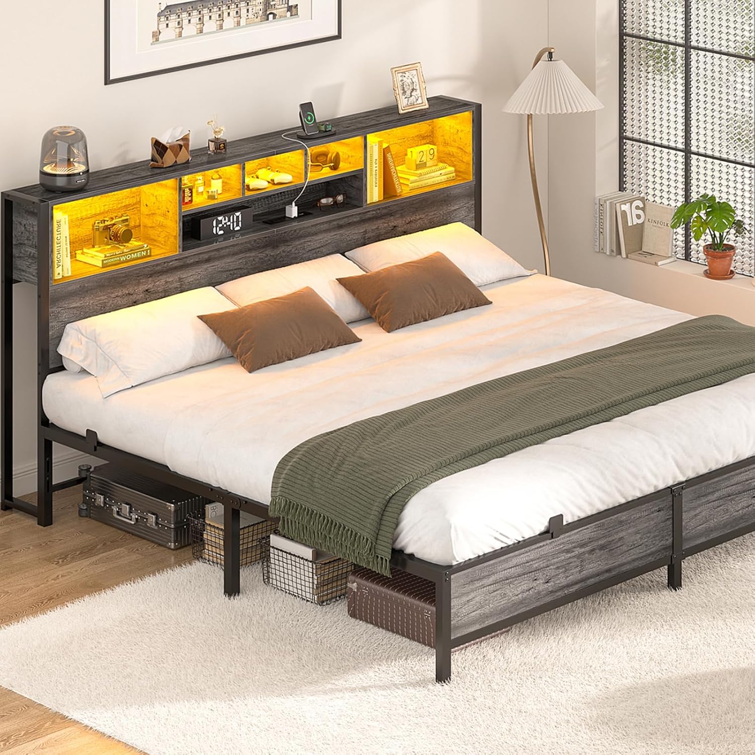 Homieasy Full Size Bed Frame with Bookcase Headboard, Metal Platform