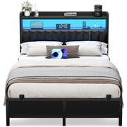 Homieasy Full Size Bed Frame with Charging Station, Adjustable Upholstered Faux Leather Headboard, Industrial Platform Bed with LED Lights, Steel Slat Support, No Box Spring Needed, Black