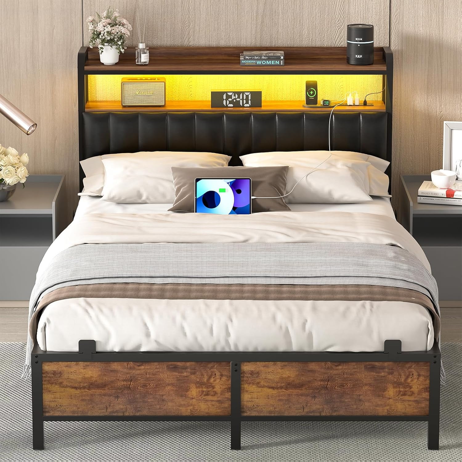 Homieasy Full Size Bed Frame with Charging Station, Adjustable Upholstered Faux Leather Headboard, Industrial Platform Bed with LED Lights, Steel Slat Support, No Box Spring Needed, Rustic Brown
