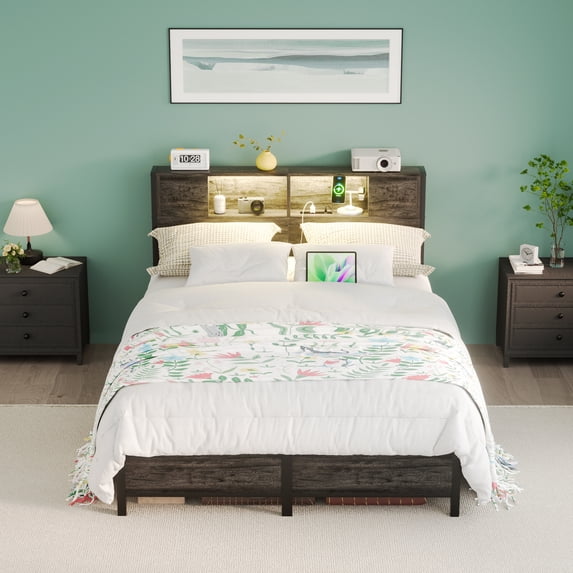 Homieasy Full Size Bed Frame with Charging Station and LED Lights, Industrial Platform Metal Bed with Headboard and Storage, Steel Slat Support, No Box Spring Needed, Noise-Free, Black Oak