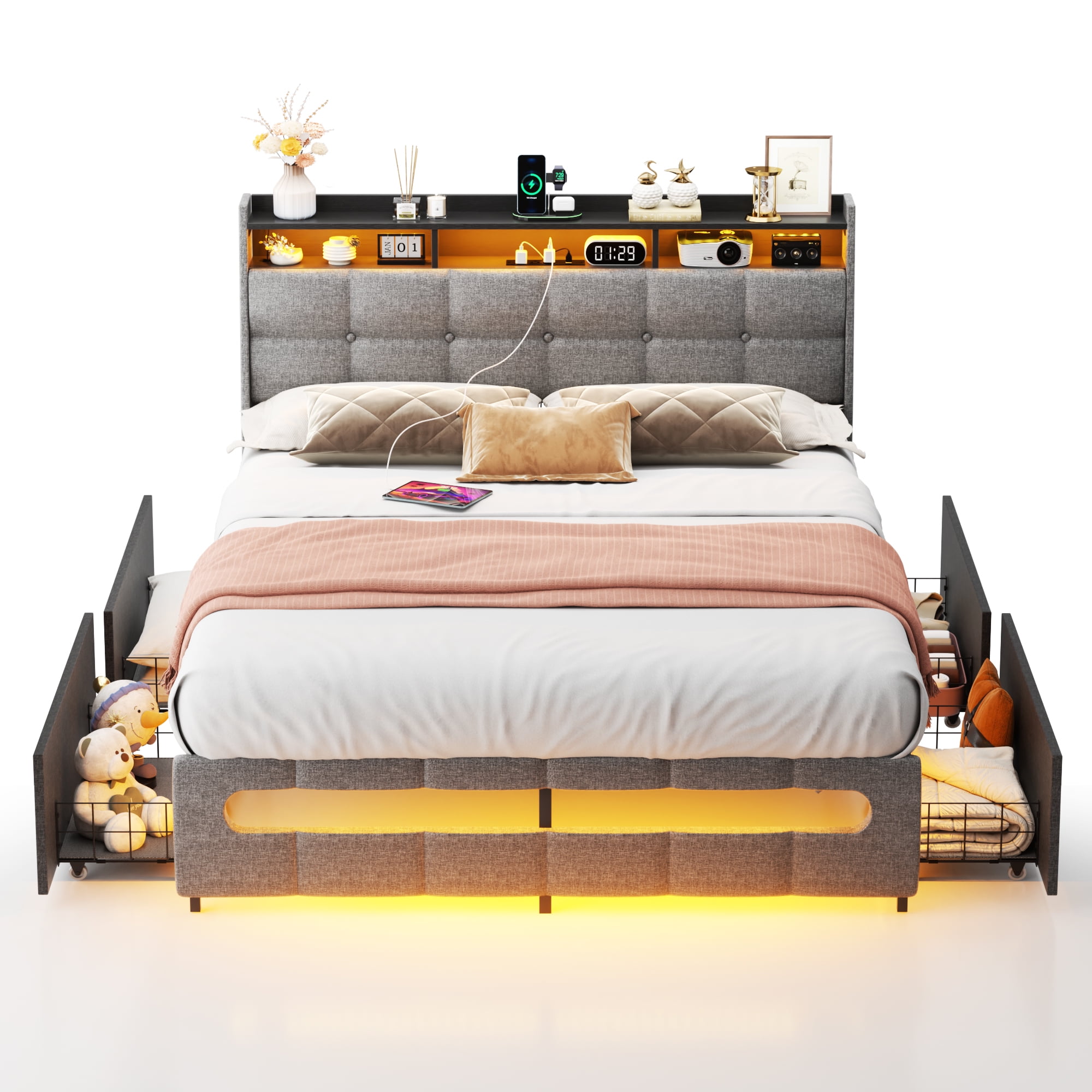 Homieasy Full Size Bed Frame with Drawers Charging Station LED Light, Upholstered Twin Bed Frame with Storage Headboard, Heavy Duty Wood Slats, No Box Spring Needed, Noise Free,Gray