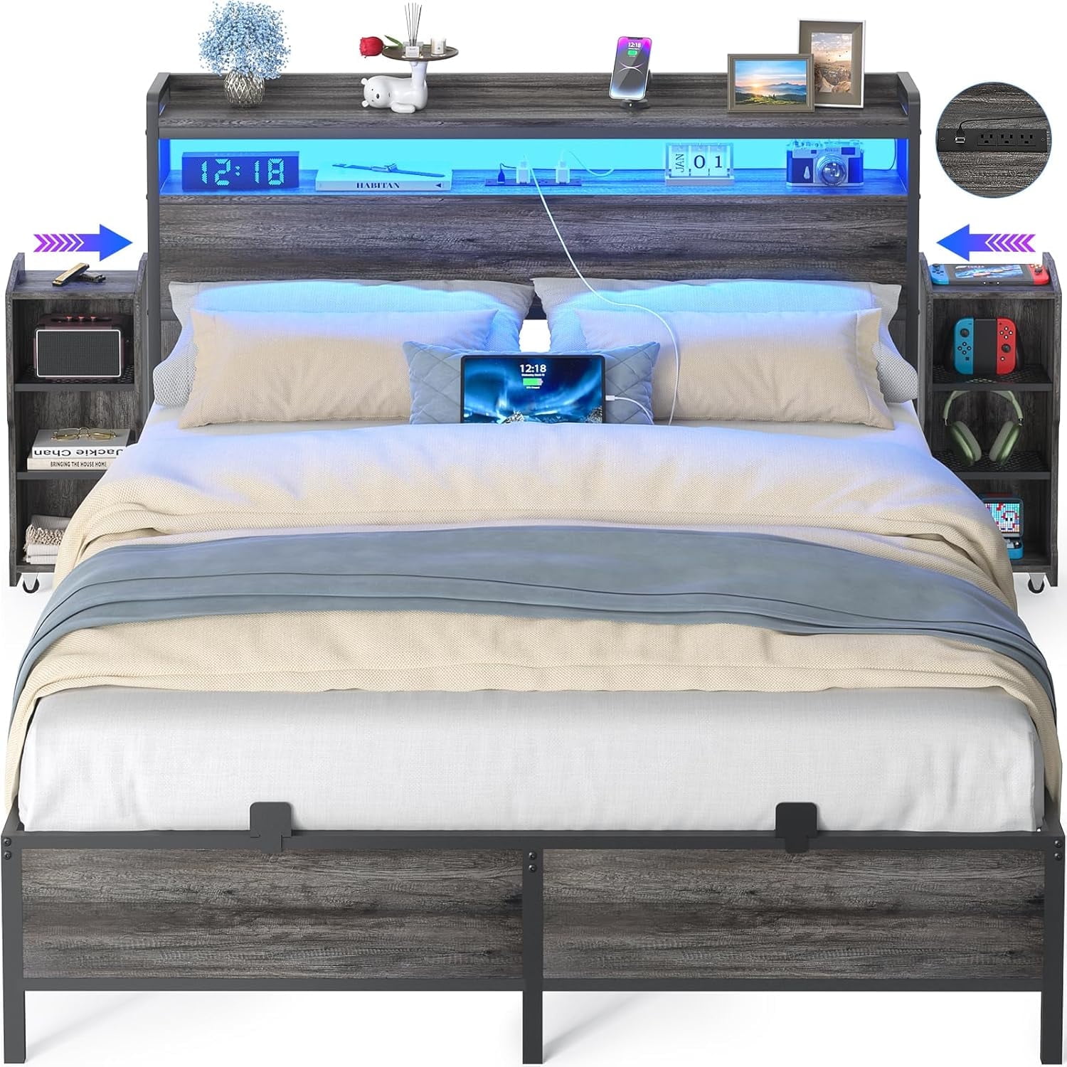 Homieasy Full Size Bed Frame with Headboard & Dual Side Slide Storage Cabinet, Full Bed with Power Outlets & LED Lights, Heavy Duty Platform Metal Bed Frame, Noise Free, Black Oak