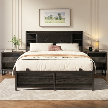 Homieasy Full Size Bed Frame with Upholstered Headboard, Platform Bed with Charging Station and RGB LED Lights, Heavy Duty Metal Slats, Noise Free, No Box Spring Needed, Black Oak