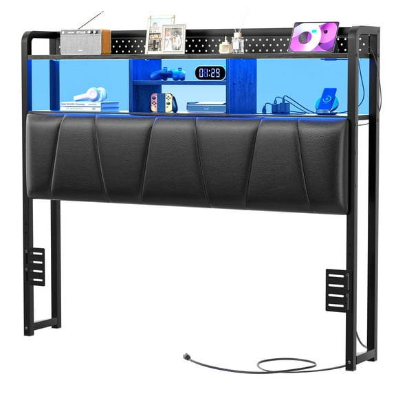 Homieasy Full Size Upholstered Headboard with Storage Shelves, Full Headboard with Power Outlets & LED Lights for Full Size Bed, Sturdy Full Bed Headboard for Bedroom/Dorm Room, Black Oak