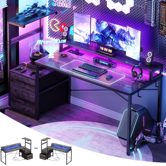 Homieasy Gaming Desk with LED Light Strip and Power Outlet, 59 Inch Reversible Computer Gaming Desk with Monitor Stand & Drawers, Black Oak