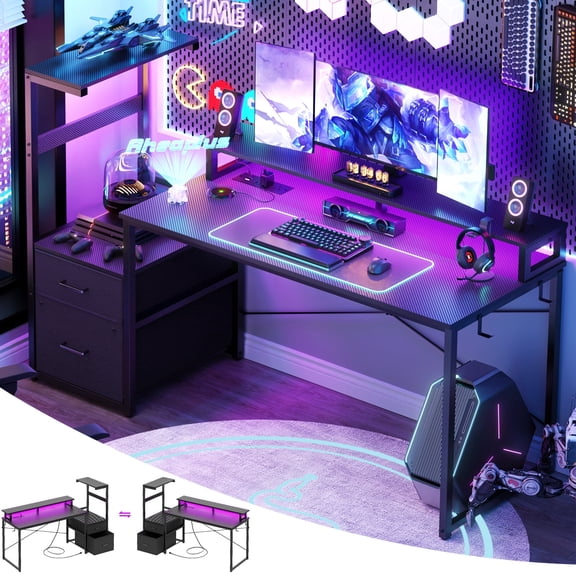 Homieasy Gaming Desk with LED Light Strip and Power Outlet, 59 Inch Reversible Computer Gaming Desk with Monitor Stand & Drawers, Black