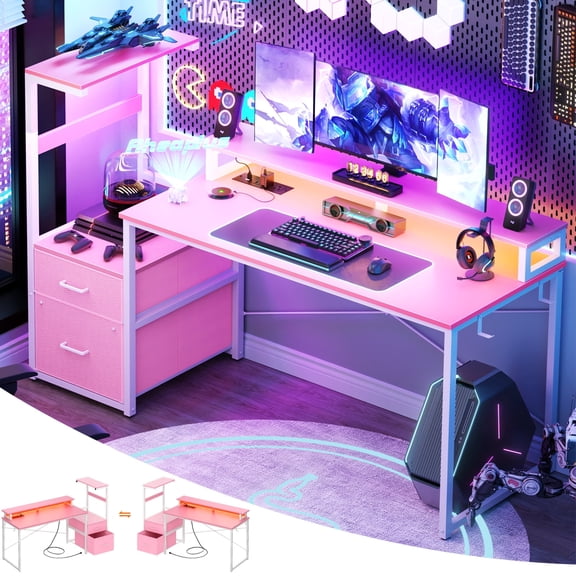 Homieasy Gaming Desk with LED Light Strip and Power Outlet, 59 Inch Reversible Computer Gaming Desk with Monitor Stand & Drawers, Pink