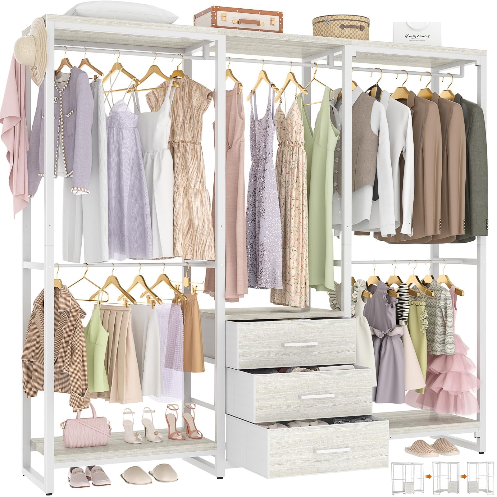 Homieasy Heavy Duty Metal Cloth Rack with Storage Shelves 3 Drawer Freestanding Wardrobe White Walmart