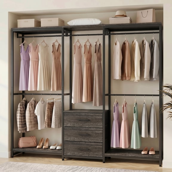 Homieasy 39.5'' - 65.5" W Closet System with Drawers and Hanging Rods, Black Oak