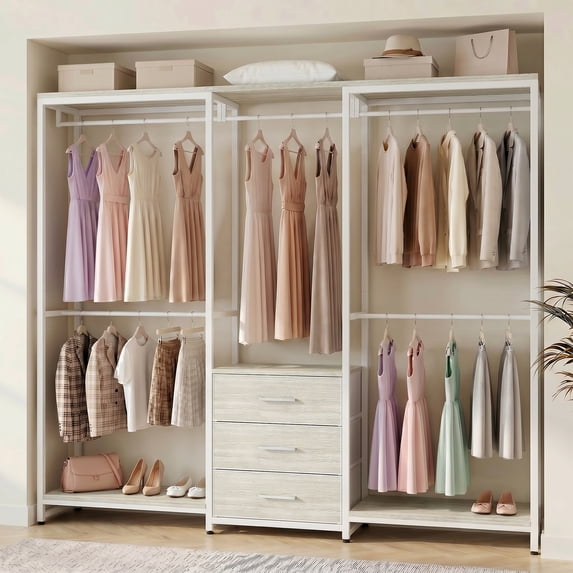 Homieasy 39.5'' - 65.5" W Closet System with Drawers and Hanging Rods, White Oak