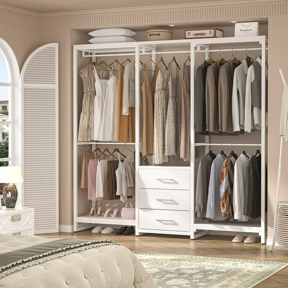 Homieasy Garment Rack Heavy Duty Clothes Rack for Hanging Clothes,Clothing Rack with Drawers, Wood Stoarge Shelf Freestanding Closet Wardrobe Rack, Corner L Shaped Closet System Organizers, White