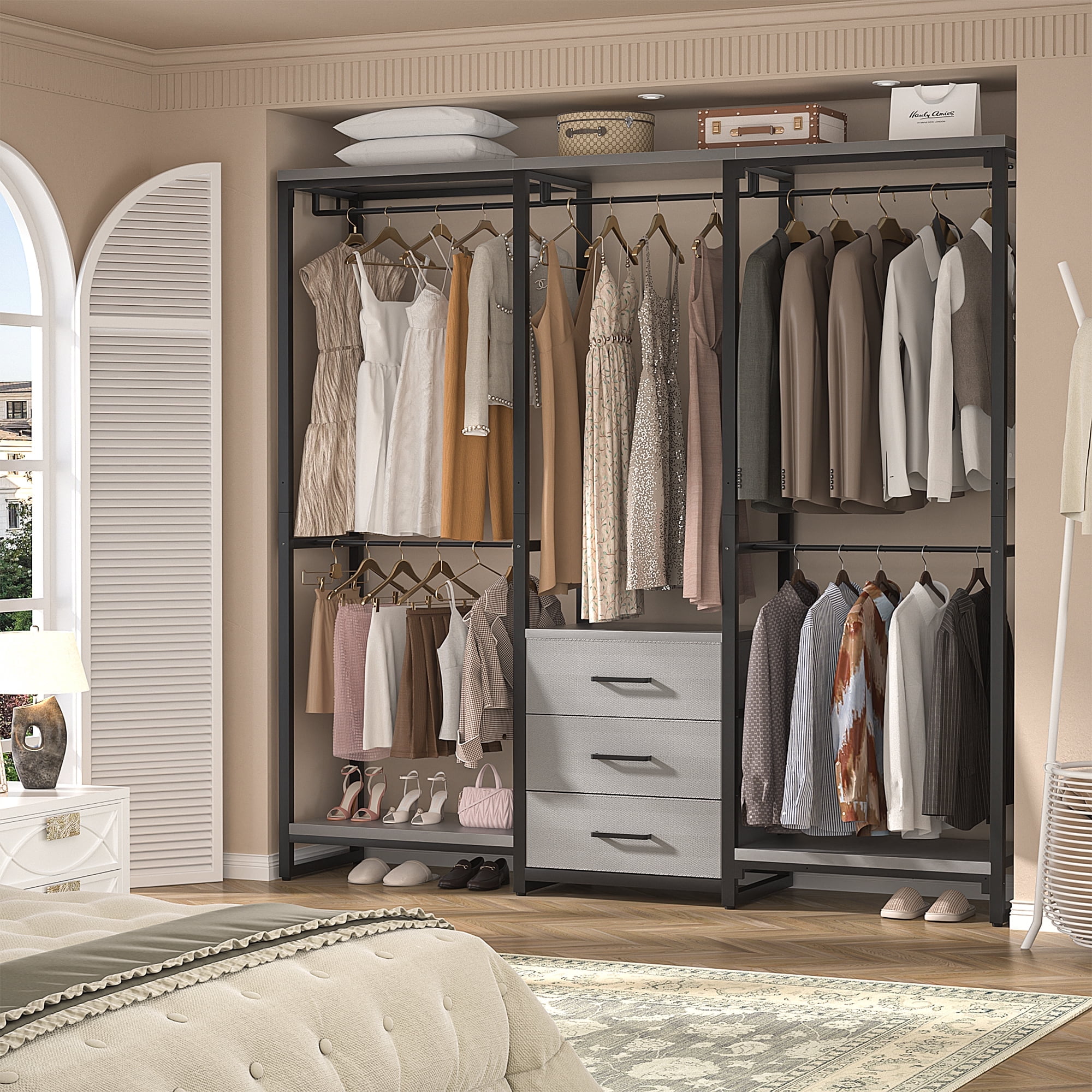 Homieasy Heavy Duty Garment Rack, Wood Closet Organizer with 3 Drawers ...